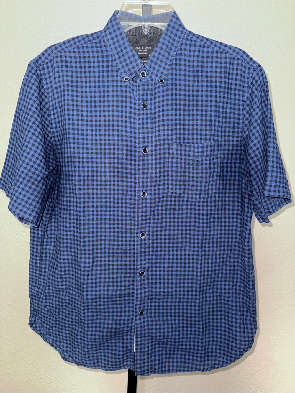 Rag & Bone Men’s Blue Check Short-Sleeve Button-Down Classic Fit Shirt Large